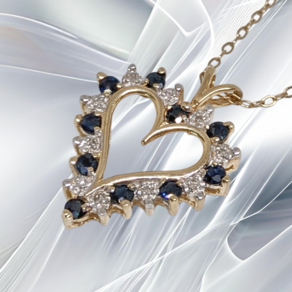 CJG ~ 10k Gold Heart with Sapphires and Diamonds with 10k Gold Chain - Picture 3 of 7